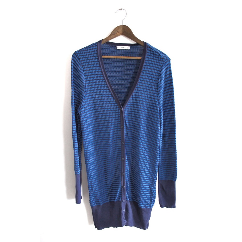Zara Knit Bright Blue Print Long Buttoned Cardigan Large Preowned